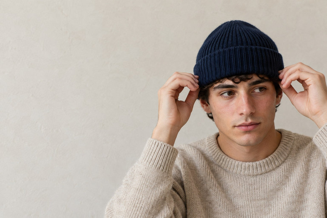 Adjusting a navy merino beanie