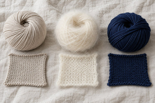 Merino, mohair and navy wool yarn with swatches