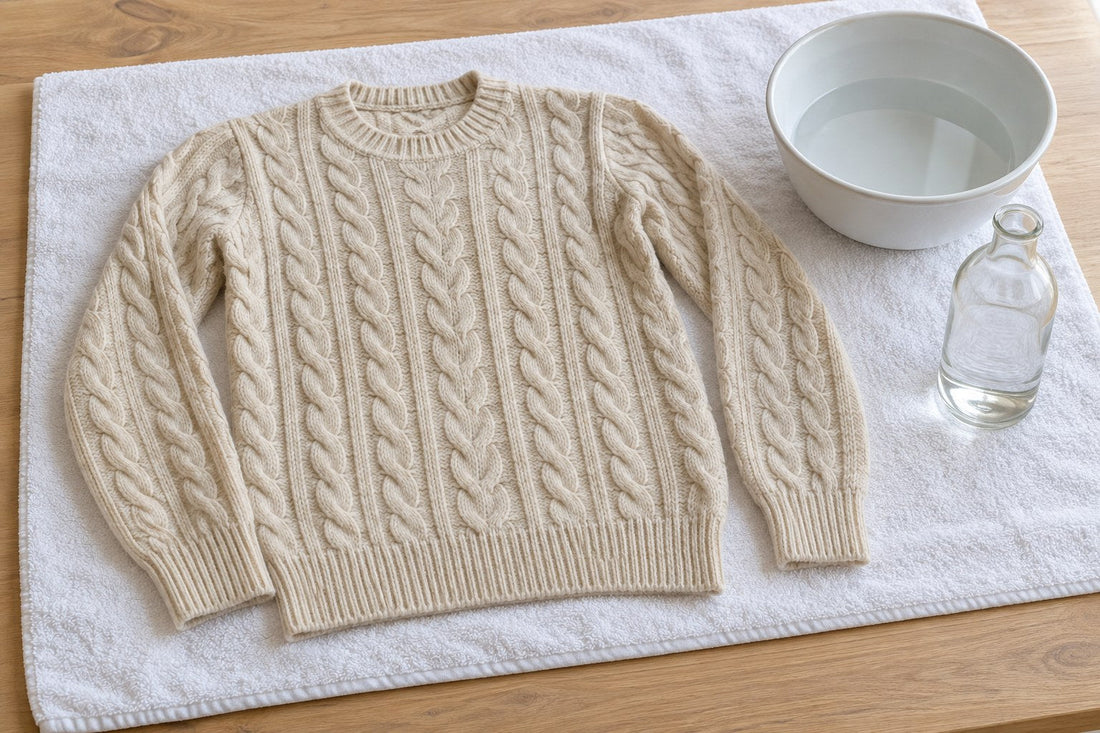 A cable sweater drying flat on a towel