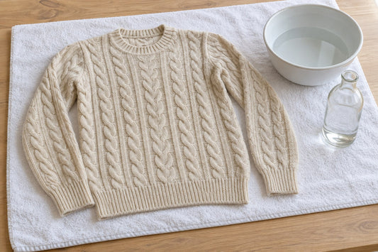 A cable sweater drying flat on a towel