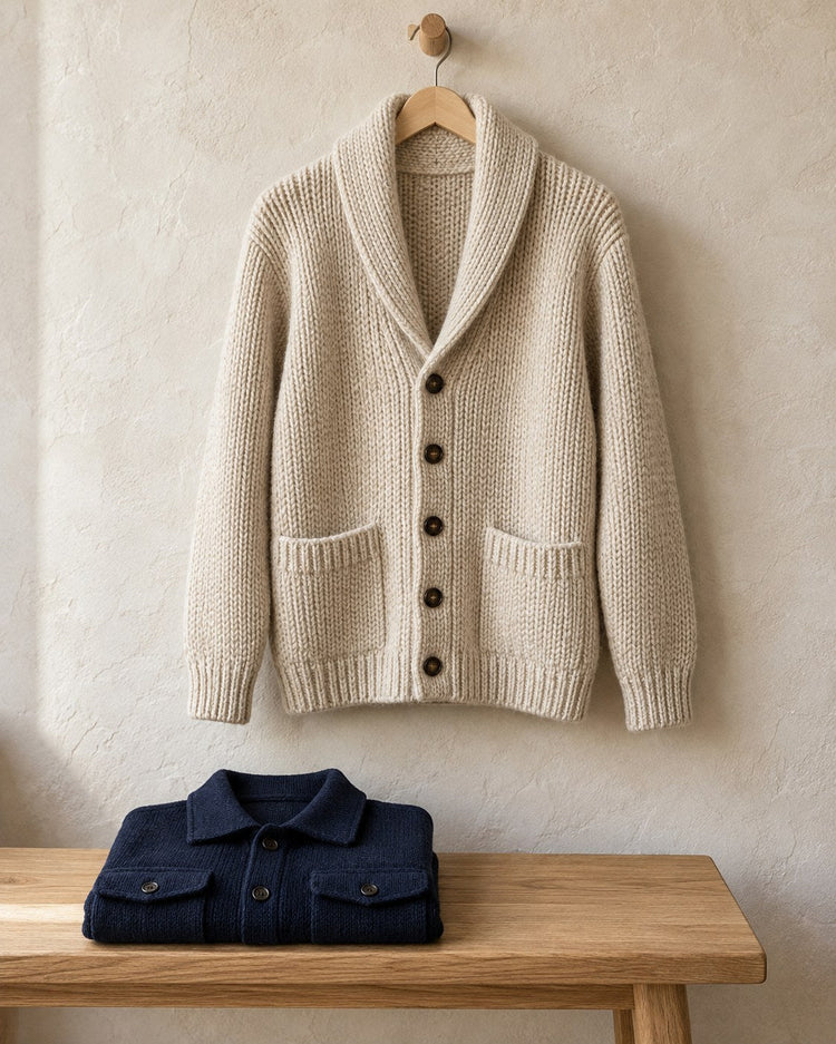Shawl-collar cardigan jacket on a peg