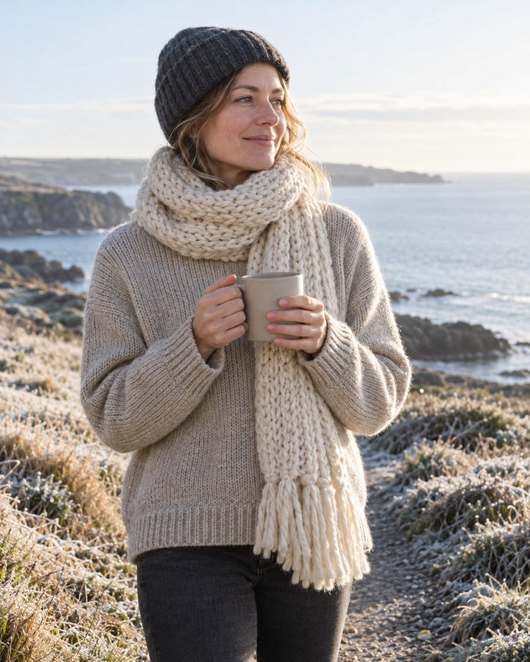 Merino beanie and scarf on the coast