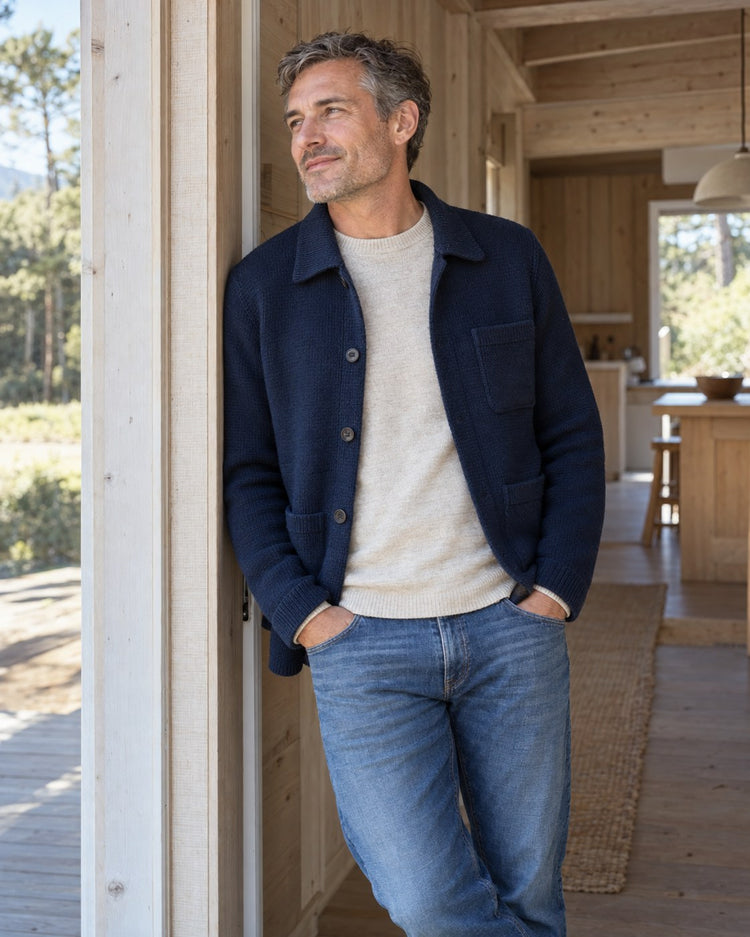 Knit chore jacket worn