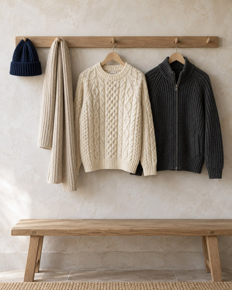 Beanie, scarf, sweater and jacket on a peg rail