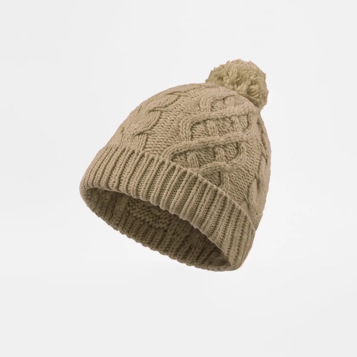 Cable Knit Pom Beanie in Camel, side