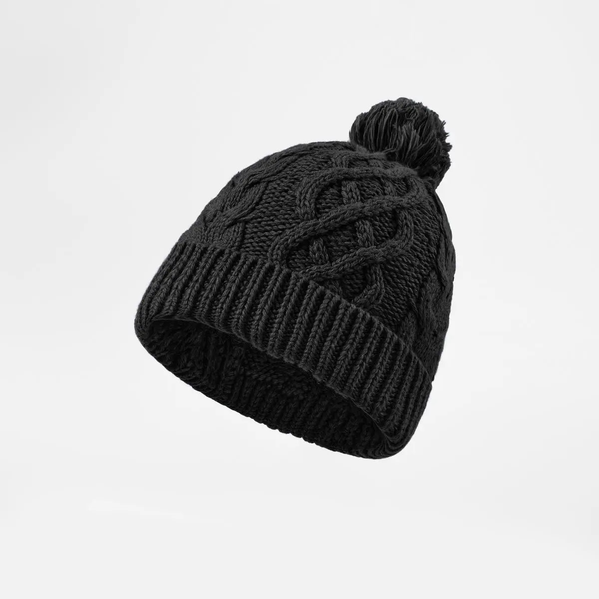 Cable Knit Pom Beanie in Black, side