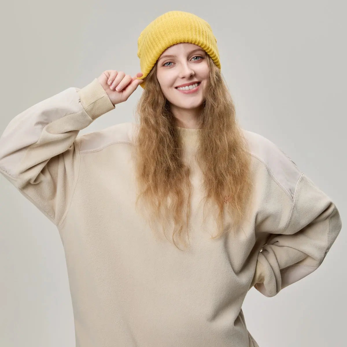 Waffle Knit Wool Beanie, worn