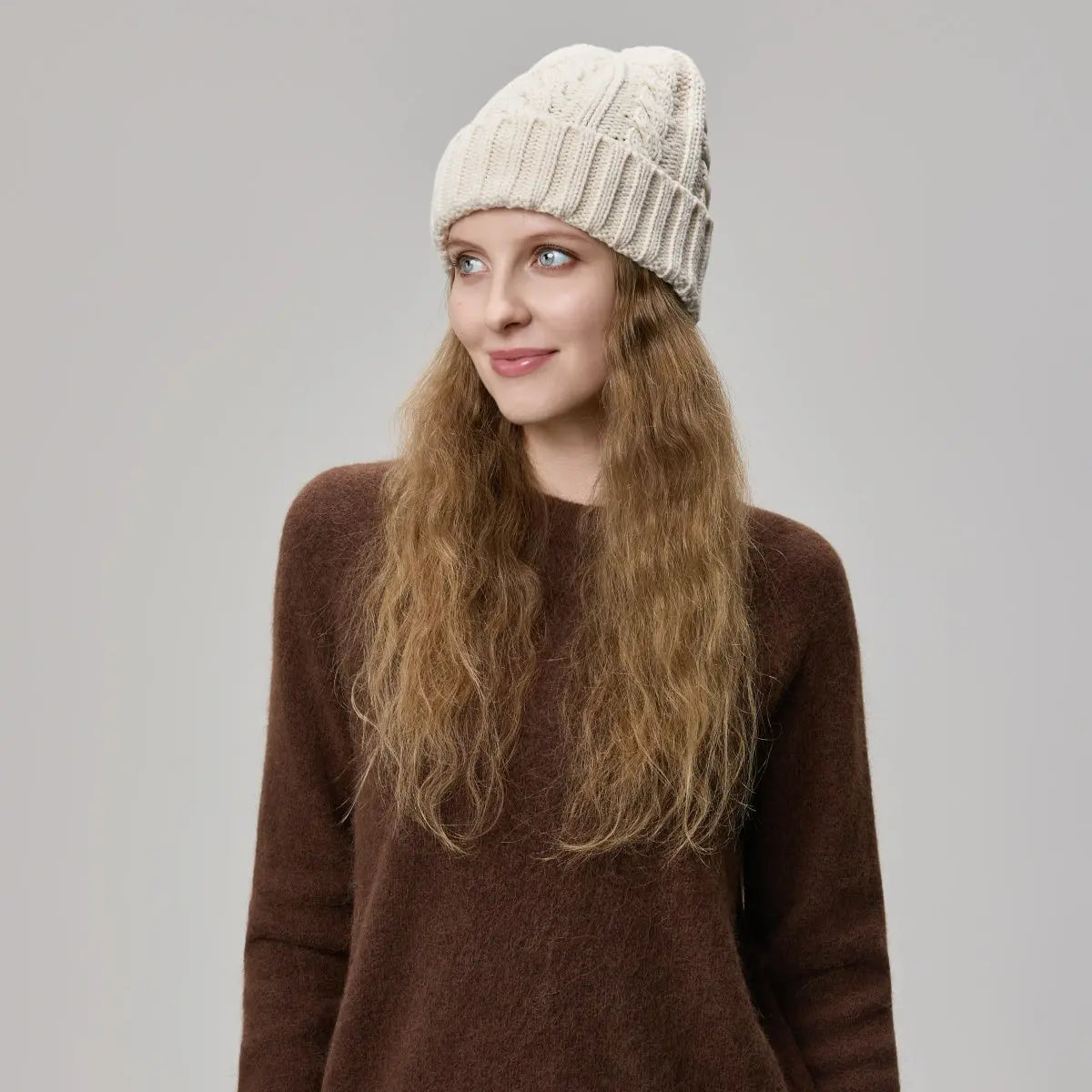 Cable Knit Beanie, worn