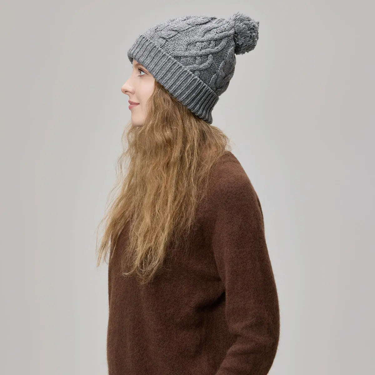 Cable Knit Pom Beanie, worn