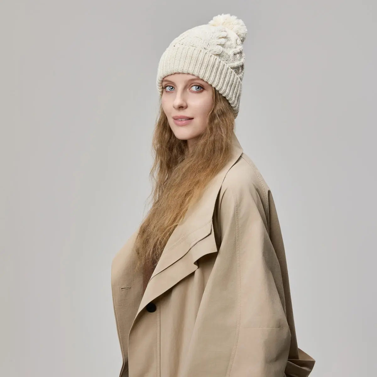 Cable Knit Pom Beanie, worn