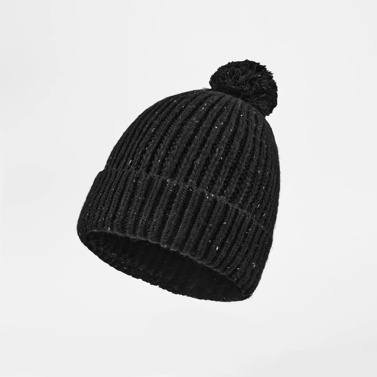Flecked Wool Pom Beanie in Black, side