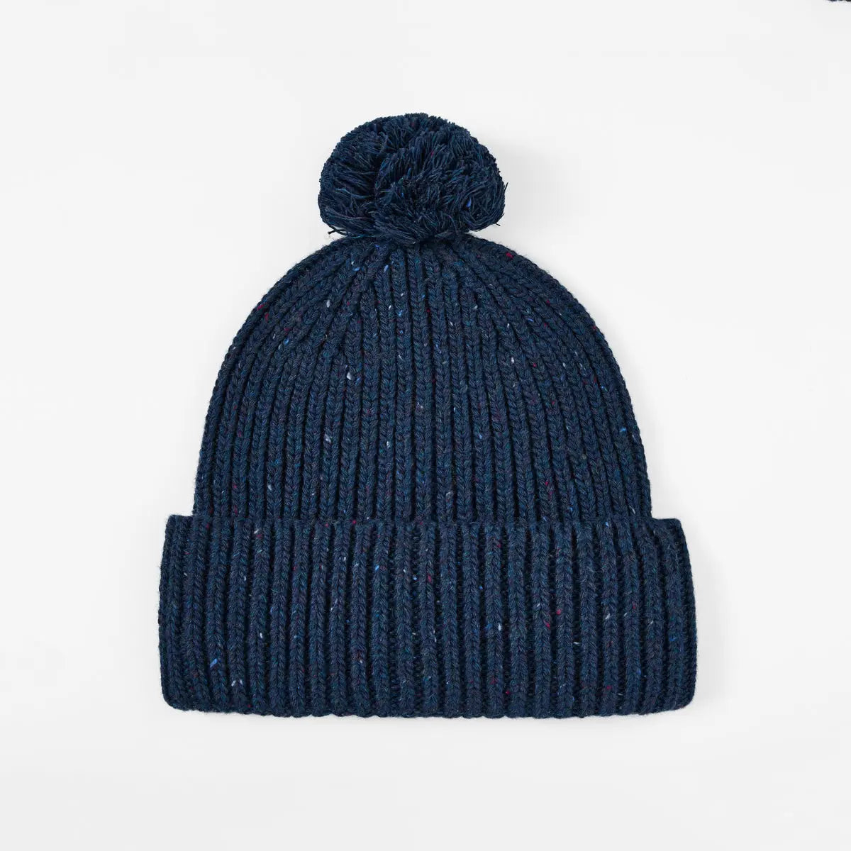 Flecked Wool Pom Beanie in Navy