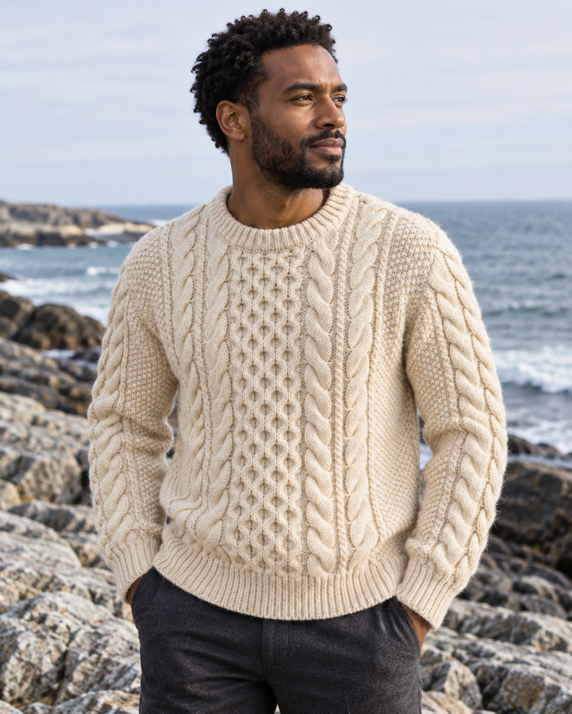 Fisherman Cable Crewneck, worn