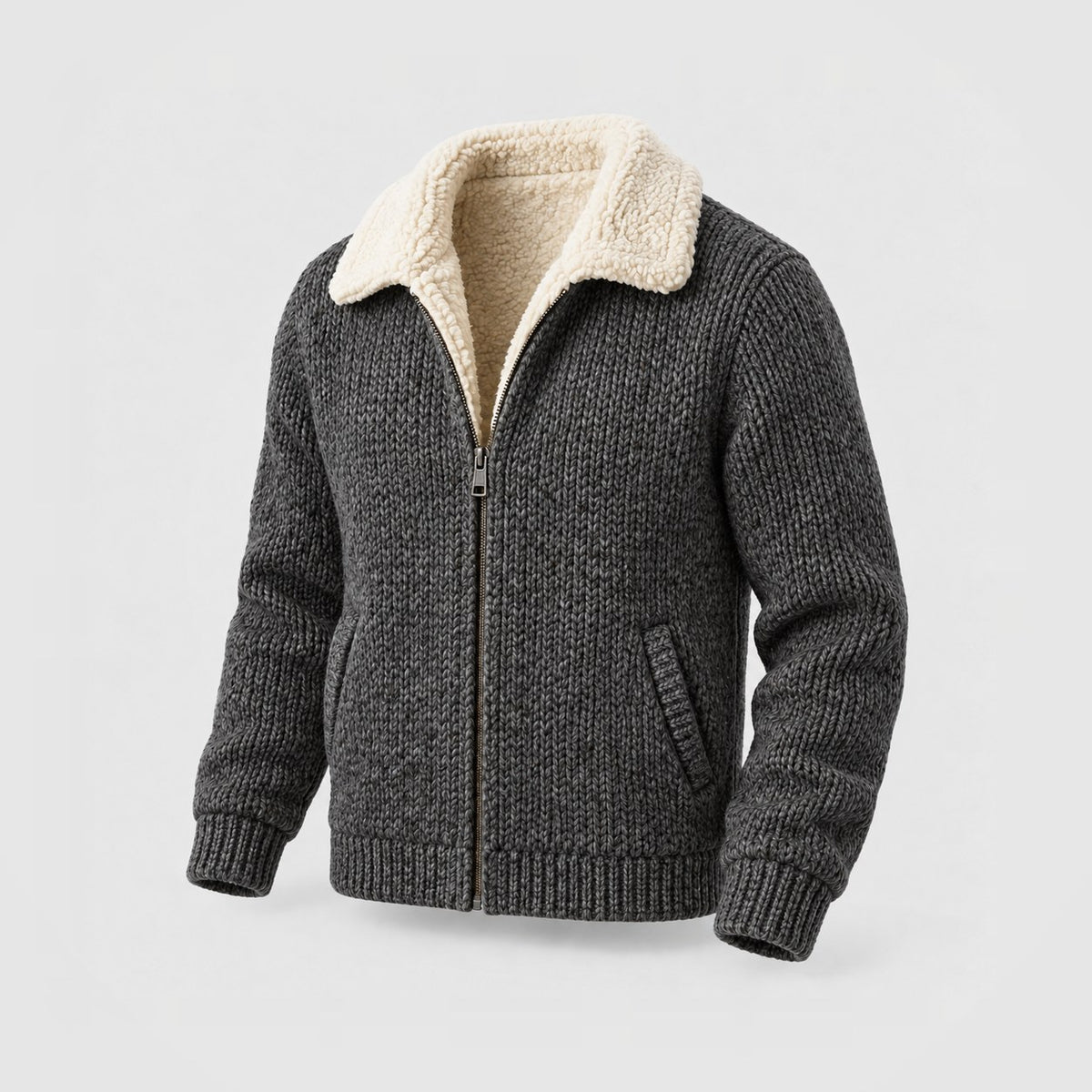 Sherpa Lined Knit Jacket in Charcoal
